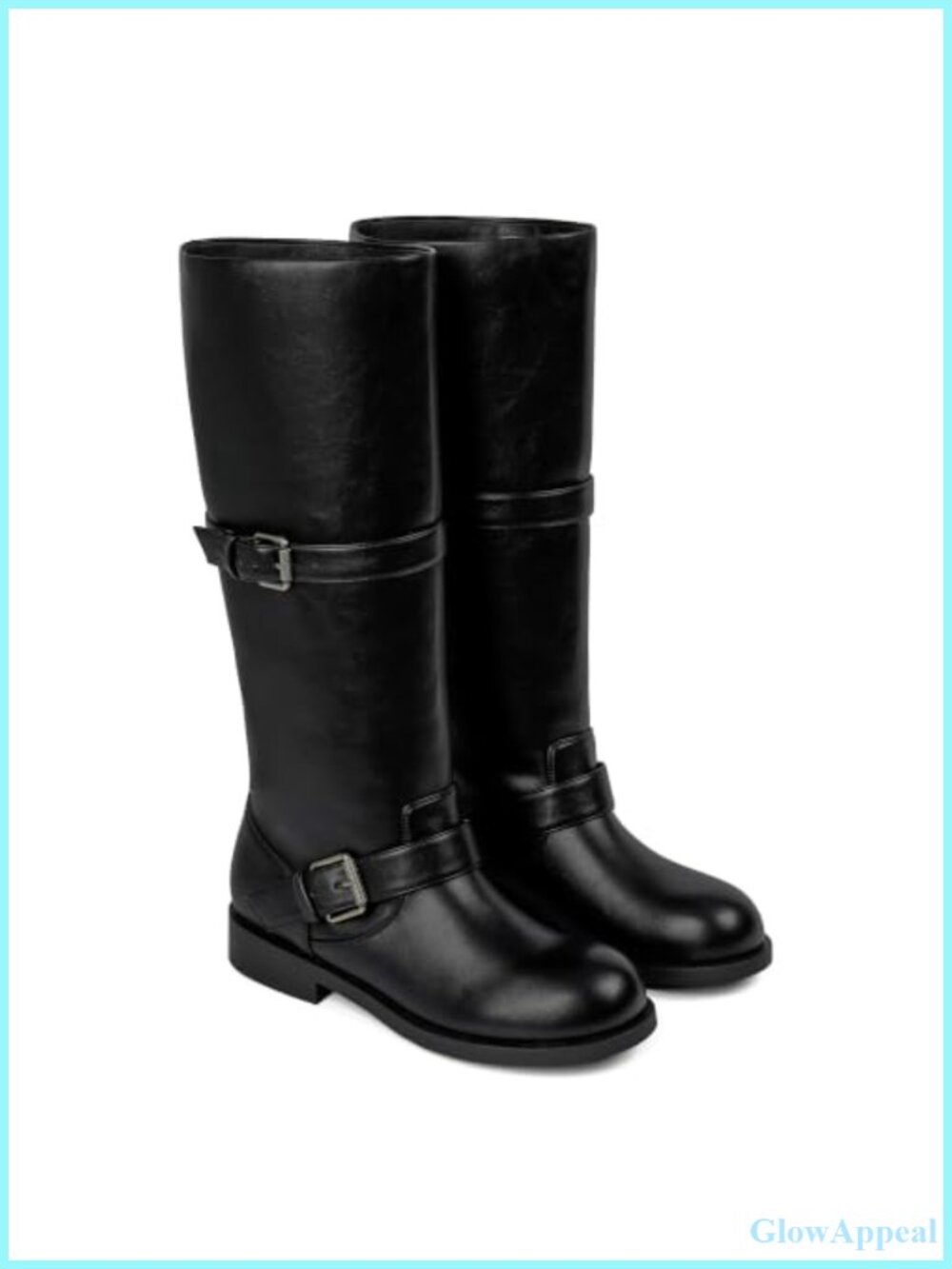 Womens Faux Leather Knee High Riding Boots Double Buckle Flat Tall